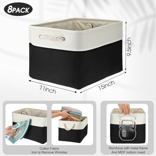 meekoo 8 Pack Collapsible Storage Bins Fabric Storage Bins Polyester Fabric Baskets with Handles Linen Closet Organizer for Shelf Home Closet Towels Toys(15 x 11 x 9.5 in,Black White) - color: Black White, size: 15 x 11 x 9.5 In