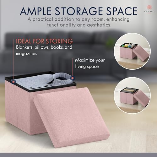 Ornavo Home Small Storage Ottoman Foldable Collapsible Cube Square Linen Ottoman Foot Rest Stool Seat, for Living Room, Bedroom, Home Office, Dorm - 12 x 12 x 12, Pink - color: Pink