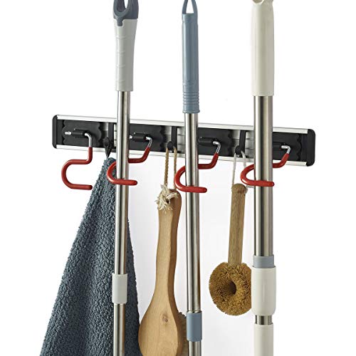 Wall Mounted Mop and Broom Holder Stainless Steel S Type Broom Rack Anti-Slip Mop Organizer (17 Inches,4 Positions 3 Hooks, Red black) (17inch) - size: 4 Positions