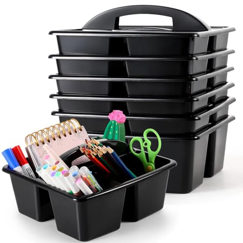 6 Pack Classroom Caddy with Handle Plastic Storage Caddy Organizer with 3 Compartments Desk Caddies Holder Portable Storage Bin for Pencil, Crayon, Marker, Home, Office, School Supplies(Black) - color: Black
