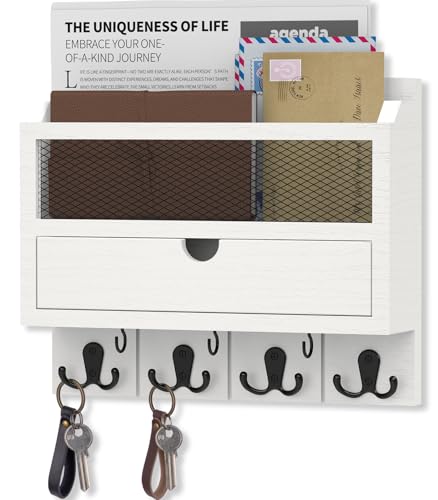 Nekon Mail Organizer with Drawer for Wall, 12"W x 10"H x 3.1"D Mail Sorter Wall Mounted, Wooden Key Holder Wall File Organizer Letter Sorter for Letter Magazines (White) - color: White