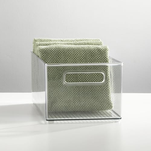 mDesign Plastic Bathroom Storage Container Bins w/ Handles - Closet, Cabinet, Vanity, Cupboard Shelf Organization, Hair Tools Accessory Organizer - Ligne Collection; Clear, 14.6x8.1x6 (Pack of 4) - size: 14.6 x 8.1 x 6 (Pack of 4)