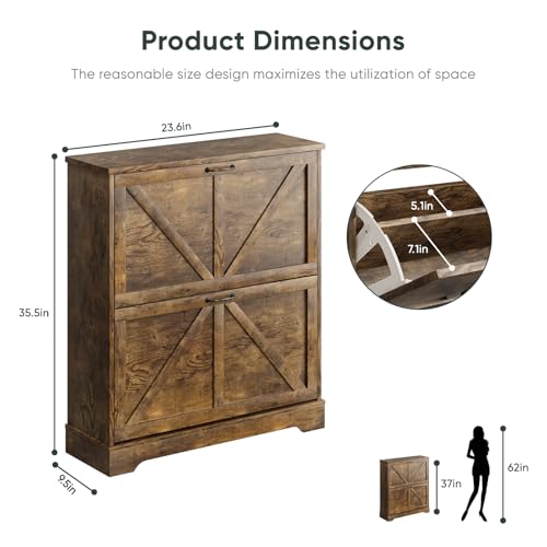 Smart FENDEE Shoe Cabinet, Shoe Storage Cabinet for Entryway with 2 Flip Drawers, Narrow Farmhouse Shoe Organizer Cabinet, Slim Shoe Rack Cabinet, 31.5 in Rustic Brown - color: Rustic Brown, size: Width - 31.5 inches
