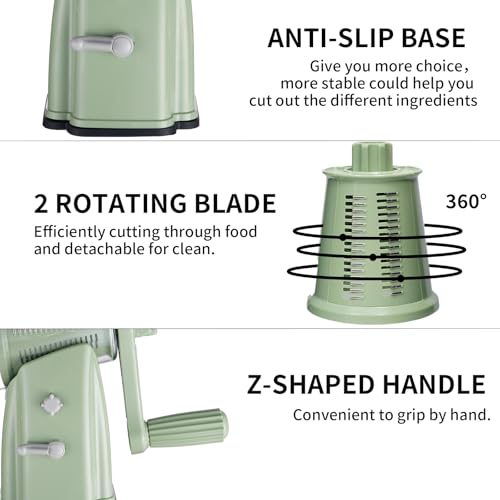 Upgrade Rotary Cheese Grater Shredder with Handle, Strong Suction Base, Multi-purpose Rotary Grater Slicer with 5 Interchangeable Blades for Ice, Vegetables, Fruit, Nuts with Blade Storage Box - color: Green