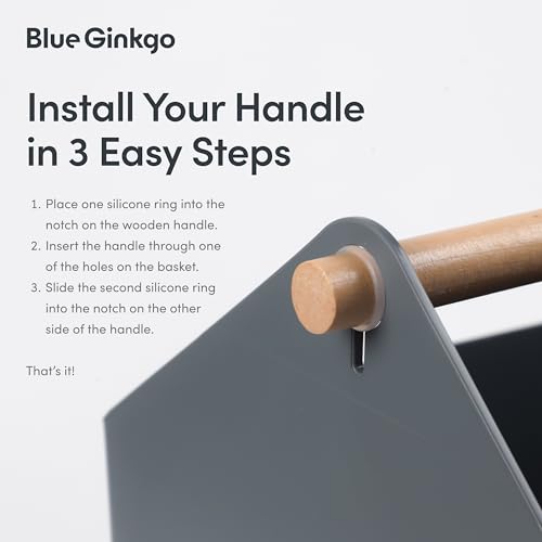 BLUE GINKGO Large Storage Basket – Plastic Caddy with Wooden Handle for Bathroom, Pantry, or Cleaning Supplies (Gray) - color: GREY, size: Large
