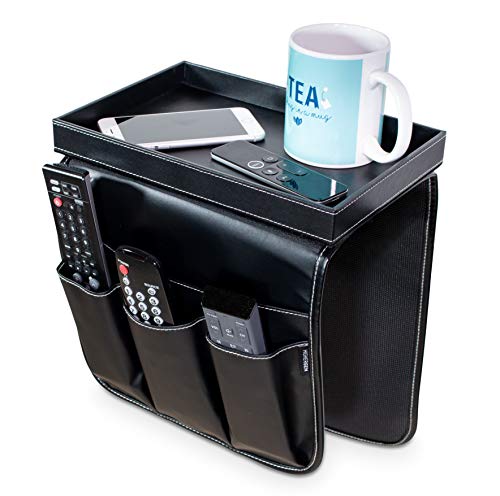 Non-Slip Couch Cup Holder Detachable Wooden Snack Tray PU Leather Armrest Cup Holder Couch Arm Tray for Recliner w/Large Pocket, 3 Small Pockets for TV Remotes, Phone, Glasses/Couch Console (Black) - color: Black