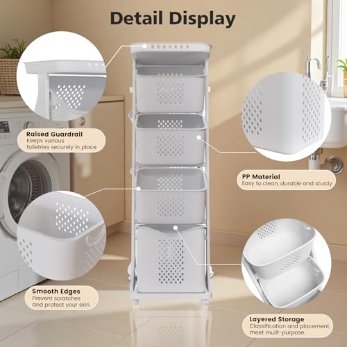 BAOKALER 4-Tier Laundry Hamper Sorter, Vertical Rolling Laundry Baskets with Wheels Removable, Stackable Laundry Cart Organizer and Storage for Small Space, Dorm, Closet, Bathroom - size: 4-layer
