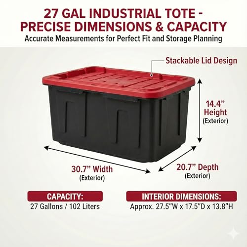 27 Gal Industrial Tote,4 Pack Plastic Storage Bins with Lids Tough Large Storage Bin,Black with Red Lid Plastic Storage,Stackable & Nestable for Garage, Basement, or Outdoor (4 Pack) - size: 4 Pack