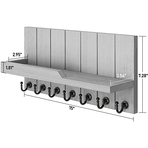 Rebee Vision Decorative Key and Mail Holder for Wall - Farmhouse 15 Inches Floating Shelf with 7 Sturdy Key Hooks for Home Entryway Wall Decor - Rustic Key Racks (Gray,15-inch) - color: Gray, size: 15-inch