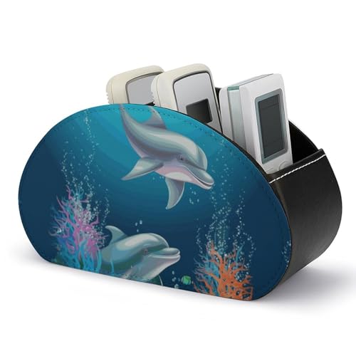 PU Leather Remote Control Organizer Box 5-Slot Multifunctional Dolphin And Fish Storage Holder for TV/DVD/Accessories Stylish Desk Decor for Living Room, Bedroom, Office - color: Dolphin and fish