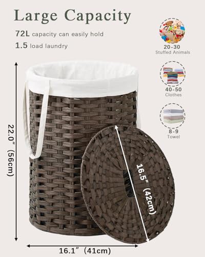 SETVSON Laundry Hamper with Lid, 19.0 Gal (72 L) Round Wicker Laundry Basket, Handwoven Rattan Basket with Lid, Removable Bag, 2 Mesh Bags, Handles for Living Room, Bathroom, Brown - color: Brown, size: 72L