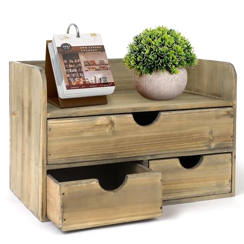 Besti Wooden Office Desk Organizer - Organizing Tool for Desktop, Cubicle, Bedroom, Kitchen - Vintage Style Organization Caddy with Top Tray Shelf & 3 Drawers - 13.6x9x7 Inches (Rustic Burnt) - color: Rustic Burnt