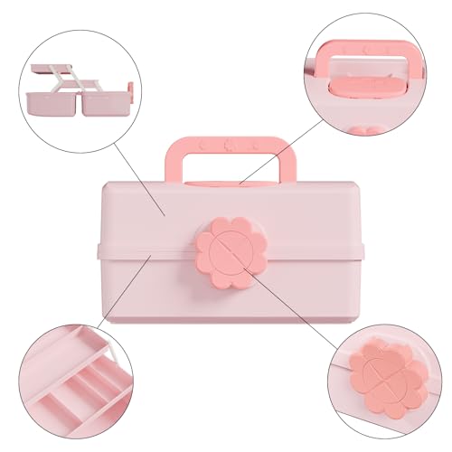Covetree Hair Accessories Organizer with Handle sewing organizer，Lockable Three-Layer Multipurpose Art Supplies Storage Box and Storage Plastic Jewelry Box (pink) - color: pink