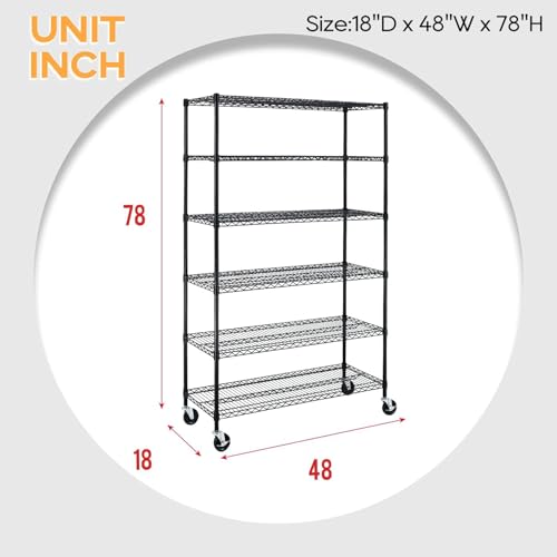 BestOffice | 6-Tier Wire Storage Shelves with Wheels | 18x48x78 | Black | Adjustable Racks | Heavy-Duty Metal Shelf, Holds Upto 600 lbs | No-Tool Assembly | Ideal for Home & Garage Shelving - color: Black, size: 18"D x 48"W x 77"H