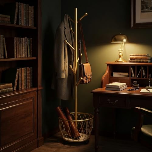 Freestanding Metal Coat Rack Stand with Basket Modern Organizer for Scarf Jacket Hat Bags Ideal for Home Entryway Bedroom Corner Stable and Moveable tree (gold) - color: gold