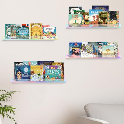 Dezzer 4 Pack Acrylic Shelves for Wall, 15" Acrylic Floating Shelves for Bathroom Bedroom, Invisible Bookshelf Wall Ledge Storage Shelf Books Perfume Toys Action Figure Display Shelves, Iridescent - style: 15 inch 4-pack Rainbow