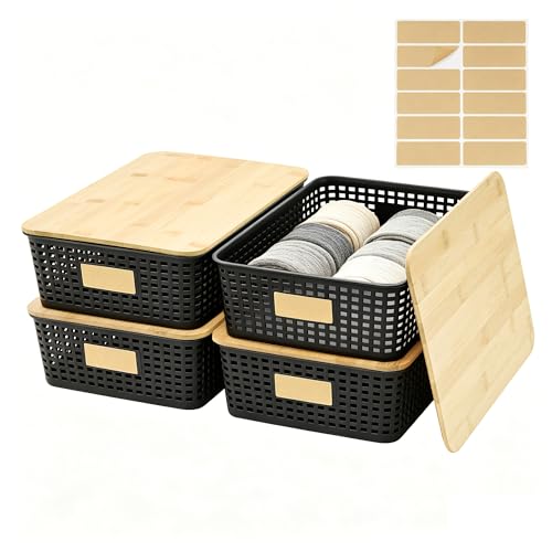 Bagnizer 4 Pack Plastic Storage Bins with Bamboo Lids, 6.2qt Stackable Storage Organizer Box with Lable for Pantry Shelves Drawers Desktop Office, 12"L x 8.5"W x 3.5"H, Black - color: Black, size: Shallow- 4 Pack
