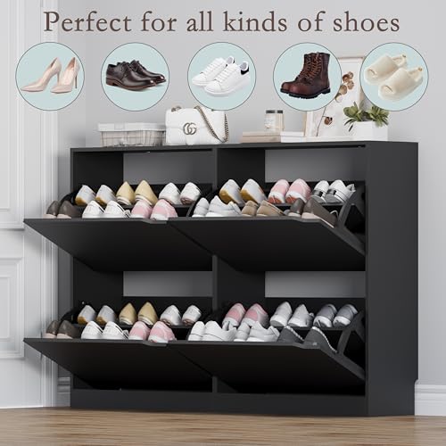 BORNOON Shoe Cabinet with 4 Flip Drawers, Narrow Hidden Shoe Storage Cabinet, Slim Freestanding Shoe Rack Organizer for Entryway, Hallway, Bedroom, Living Room - color: Black, size: 4 Drawers