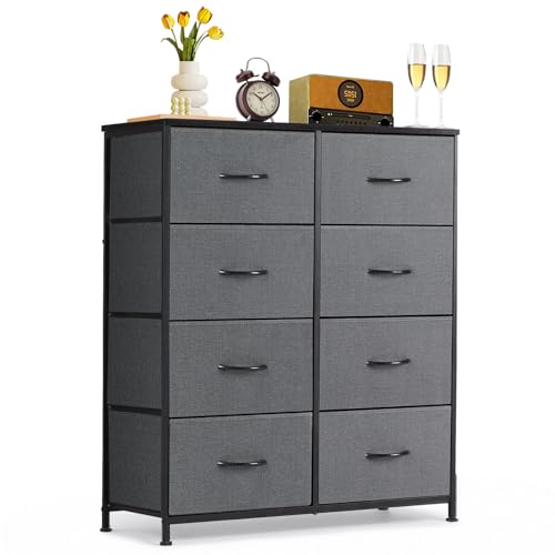 8-Drawer Dresser for Bedroom, Anti-Tip Tall Storage Organizer Chest of Drawers with Wooden Top and Metal Frame Fabric Bins for Closet, Living Room, Hallway, Entryway, Gray - color: Grey, size: 11.8"D x 31.4"W x 36.3"H (8 Drawers)