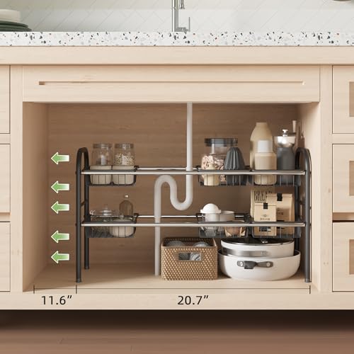 NETEL Under Sink Organizers and Storage, 2 Tier Expandable Under Cabinet Organizer Shelf with 8 Baskets, Expandable Shelf for Cupboard, Kitchen, Bathroom, Shoe Storage Rack - size: 8 Metal Baskets