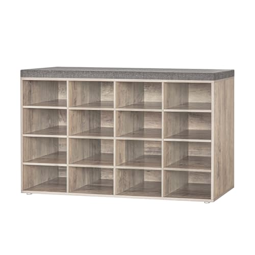 DINZI LVJ Shoe Storage Bench with Cushion, 16-Cubby Shoe Rack, Adjustable Shelves, Multifunctional Shoe Organizer Bench for Entryway, Mudroom, Hallway, Living Room, Bedroom and Garage, Greige - color: Greige, size: 16 Cubby