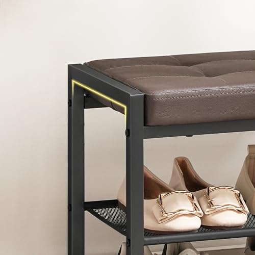 HOOBRO Small Shoe Bench, 3-Tier Shoe Rack, Shoe Storage Bench with PU Seat Cushion, Entryway Shoe Rack Bench with Metal Mesh Shelves, Freestanding Shoe Organizer for Hallway, Brown CB33HX01 - color: Brown + Black