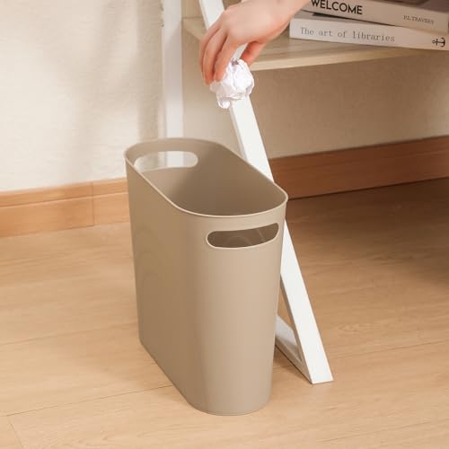 rejomiik Small Trash Can, 3.5 Gallon Slim Garbage Can Plastic Waste Basket with Handles Container Bin for Narrow Spaces Bathroom, Bedroom, Kitchen, Office at Home, Khaki - color: Khaki, size: 1 pack