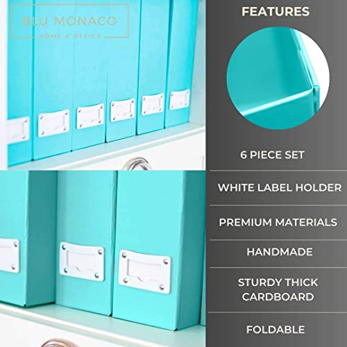 BLU MONACO Set of 6 Aqua Magazine File Holders | Foldable Magazine Storage Boxes with White Leather Label Holders | Vertical File Organizer for Desk, Shelves & Home Office - color: Aqua