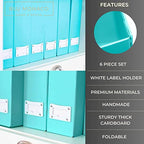 BLU MONACO Set of 6 Aqua Magazine File Holders | Foldable Magazine Storage Boxes with White Leather Label Holders | Vertical File Organizer for Desk, Shelves & Home Office - color: Aqua