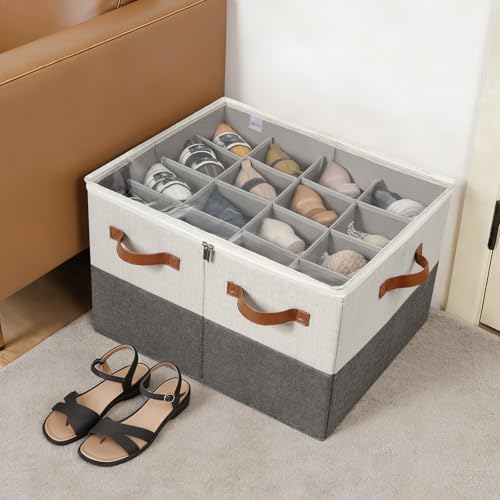 TOPIA HOME Shoe Organizer for Closet 2 Pack, Foldable Shoe Box with Adjustable Dividers and Clear Cover, Space Saving Shoe Storage Organizer Cabinet with Reinforced Handles, Fits 32 Pairs TP12WG - color: White&Gray-2Pack, size: Large(20.87''L x 16.54''W x