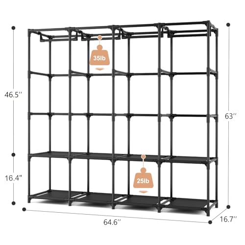 Portable Closet for Hanging Clothes, 67 Inch Wide Portable Wardrobe Closet with Cover, 4 Hanging Rod, Storage Shelves and Side Pockets, Large Free Standing Closet for Bedroom, Black - color: Black, size: 4 Row - 67'' Wide