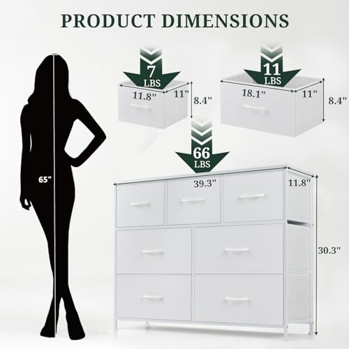 7-Drawer Dresser for Bedroom, Anti-Tip Wide Storage Organizer Fabric Chest of Drawers TV Stand for 45" TV with Wooden Top and Metal Frame for Closet, Living Room, Hallway, Entryway, White - color: White, size: 11.8"D x 39.3"W x 30.3"H (7 Drawers)