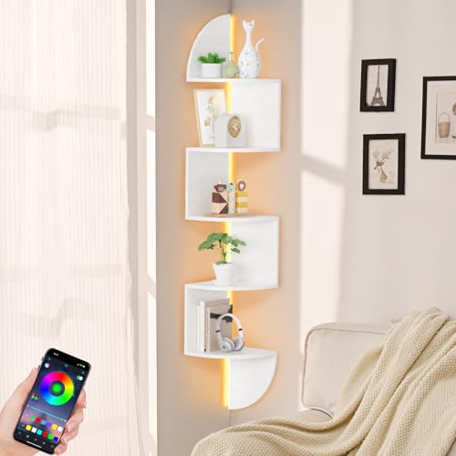 Waipfaru Corner Shelf, 5 Tier Bookshelf with LED Light, Corner Shelf Wall Mounted, Floating Shelves for Wall, Display Stand for Bedroom, Living Room, Bathroom, Home, Office, White - color: White