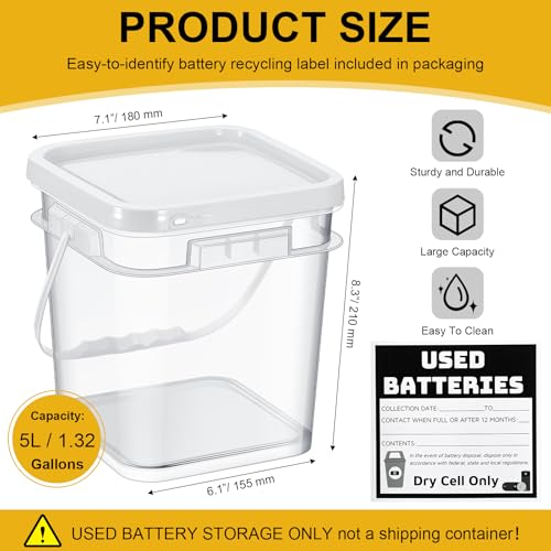Baderke Battery Disposal Container Battery Recycling Container 1.32 Gallons Capacity Dry Cell Storage Recycling Bin with Label (White,Square) - color: White
