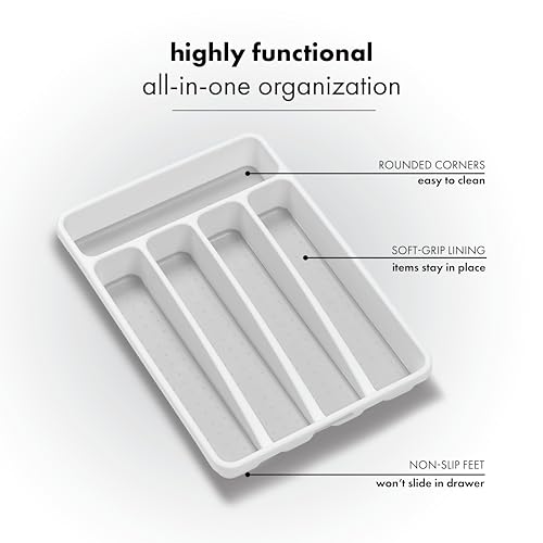 madesmart Small Silverware Tray, Compact 5 Compartment Flatware Organizer for Forks, Knives & Spoons, Non Slip, Soft Grip Lining, Fits Small Drawers, White