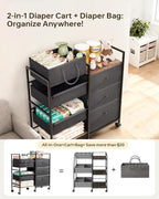 2-in-1 Baby Diaper Caddy Organizer and Storage-3 Tier Rolling Baby Cart with Dividers and Drawers, Baby Essentials for Nursery Storage, Mobile Utility Cart with Wheels Large Capacity Easy To Assemble