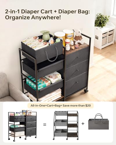 2-in-1 Baby Diaper Caddy Organizer and Storage-3 Tier Rolling Baby Cart with Dividers and Drawers, Baby Essentials for Nursery Storage, Mobile Utility Cart with Wheels Large Capacity Easy To Assemble
