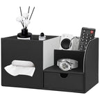 YAPISHI Tissue Box Cover with Storage Tray and Drawer, PU Leather Square Tissue Box Holder, Modern Cube Facial Tissue Dispenser, Makeup Holder, Remote Control Organizer for Nightstand, Bathroom Vanity - color: Black