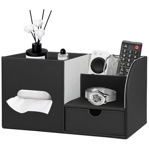 YAPISHI Tissue Box Cover with Storage Tray and Drawer, PU Leather Square Tissue Box Holder, Modern Cube Facial Tissue Dispenser, Makeup Holder, Remote Control Organizer for Nightstand, Bathroom Vanity - color: Black