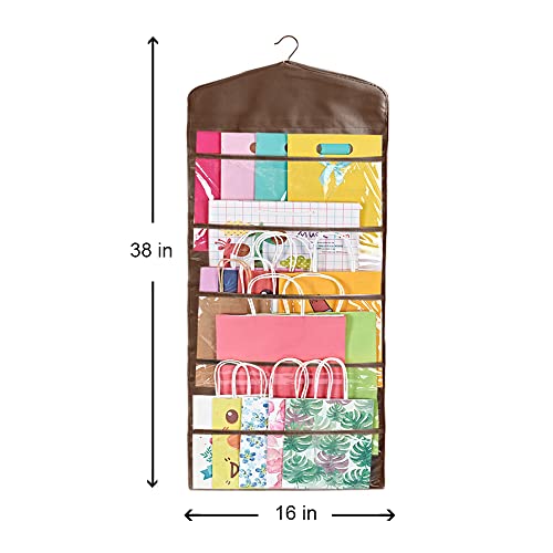 ProPik Hanging Double Sided Gift Bag Storage Organizer with Multiple Front and Back Pockets - Organize Your Gift Wrap, Tissue Paper, and Paper Bags 38 x 16 Inch PVC (Brown) - color: Brown