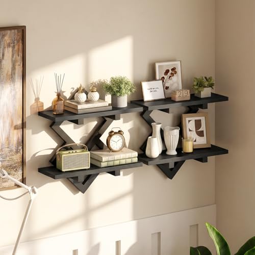 HOOBRO 15" Floating Shelves for Wall, Set of 2 Wall Shelf, 2-Tier Hanging Shelves, Wall Mounted Storage Shelf, Display Rack, for Living Room Bedroom Kitchen Bathroom, Black BB14BJP201 - color: Black