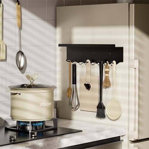 Volnamal Key Holder Wall Mount, Magnetic Key Hooks and Mail Organizer Tray with 8 Hooks, Adhesive Key Rack Hanger for Entryway, Refrigerator, Black