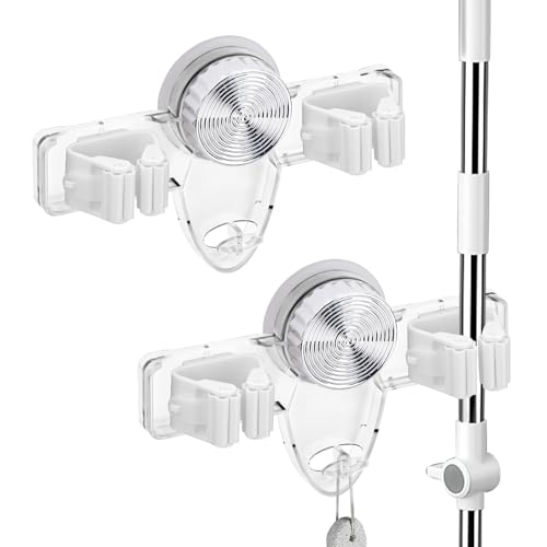 LELE LIFE 2 Pack Broom Holder Mop Hanger - Strong Suction Cup - No Drill Removable Broom Organizer Rack Wall Mount with Hooks for Bathroom Kitchen Garage, Clear - color: Clear
