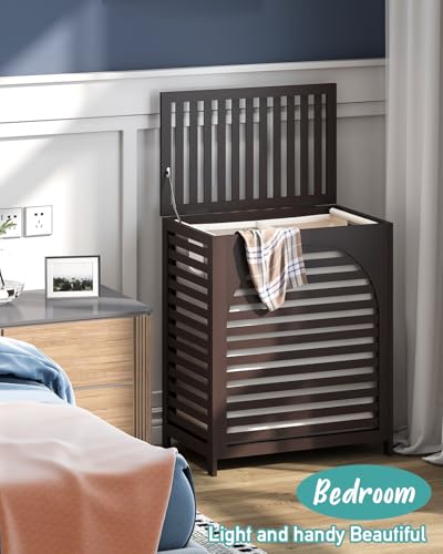 Laundry Hamper, 27.3 Gallon (103L) Bamboo Wood Clothes Laundry Basket with Lid and Handles, Removable Liner - color: Brown, size: Extra Large