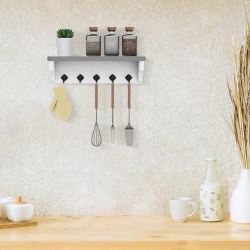 Nekon Key Holder for Wall, 11.8" W x 3.5" H x 2.8" D Decorative Key Organizer with Floating Shelf, Wall Mount Key Rack with 5 Hooks (Gray) - color: Gray