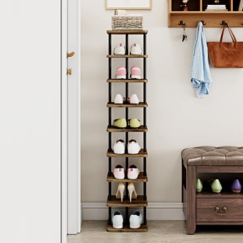 AZERPIAN Shoe Rack 9 Tier Vertical Storage Organizer Narrow Metal Slim Shelf Modern Free Standing Shoe Tower Saving Space for Closet Entryway Bedroom,Black+Rustic Brown - color: Black+rustic Brown, size: 9 Tier
