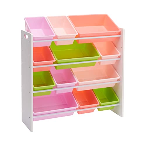 Amazon Basics Kids Toy Storage Organizer with 12 Plastic Bins, White Wood with Pink Bins, for Bedroom and Playroom, 33.85"D x 12.79"W x 35.42"H - color: White Wood With Pink Bins