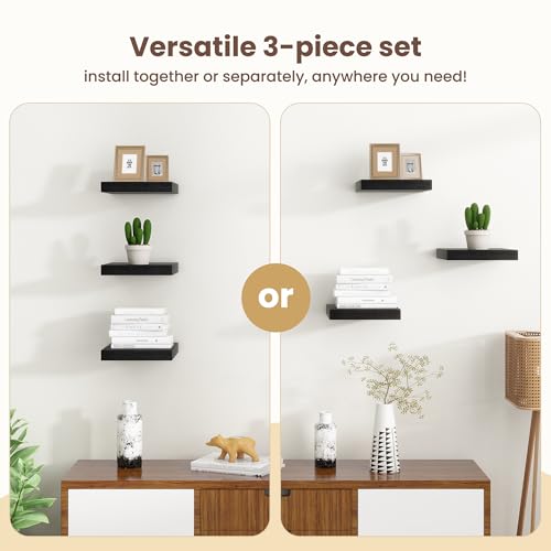 Fun Memories Floating Shelves for Wall - 12 Inch Square Shelves with Invisible Brackets, Black Small Wall Shelf for Living Room, Bathroom, Bedroom, and Kitchen Decor Set of 4 - color: Black, size: 12"W x12"D - 4P