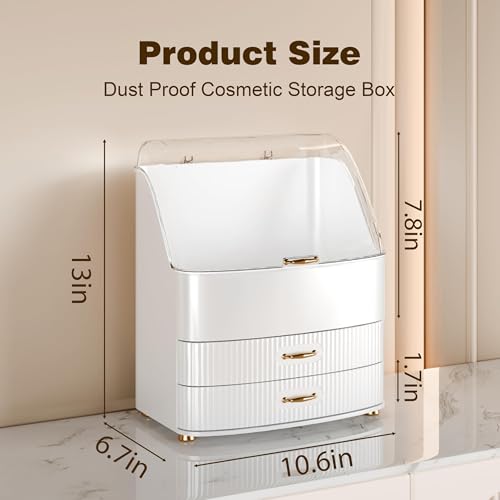 Makeup Organizer Countertop Vanity with Transparent Lid Drawers Waterproof Dustproof Cosmetic Skincare Bathroom Storage Gift for Women Teens Girls (Whtie) - color: Whtie