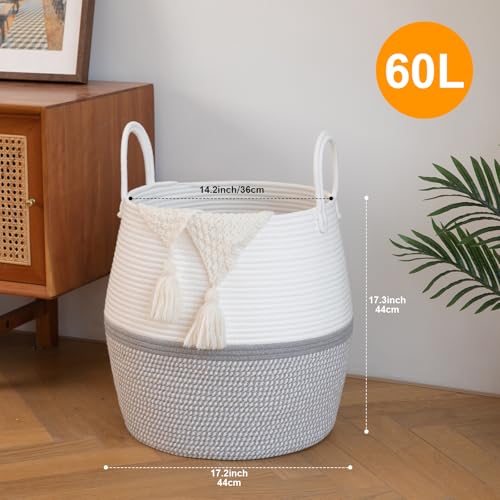 OIAHOMY 60L Blanket Basket with Handle, Storage Basket for Living Room, Laundry Hamper for Clothes, Towels, Pillows, Toy Storage for Kids and Dogs, Baby Hamper for Nursery - Grey & White - color: Grey & White, size: 60L